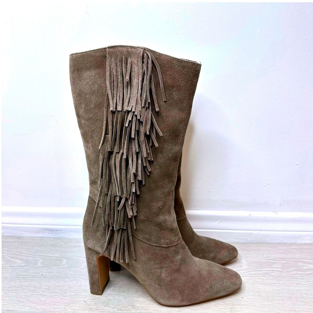 Vince Camuto Sterla Fringe Boots Women 9M Taupe Suede‎ Block Heel Western Boho